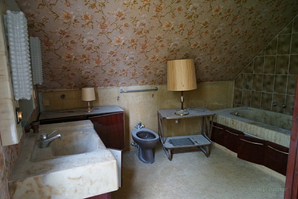 verlassenes waldhotel mit plüsch-badezimmer